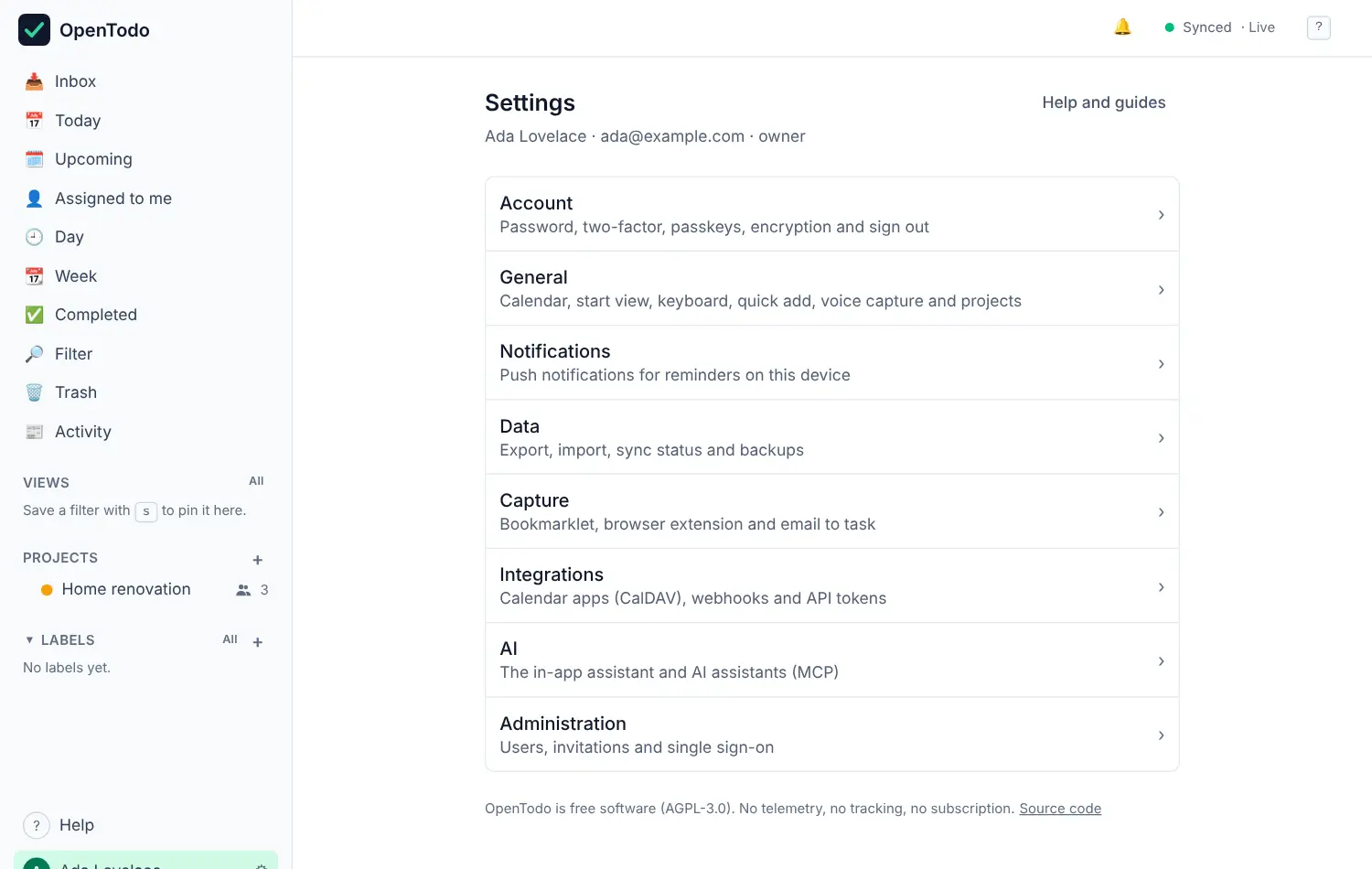 The Settings overview: your account line and the list of sections Account, General, Notifications, Data, Capture, Integrations, AI and Administration, each with a short description.