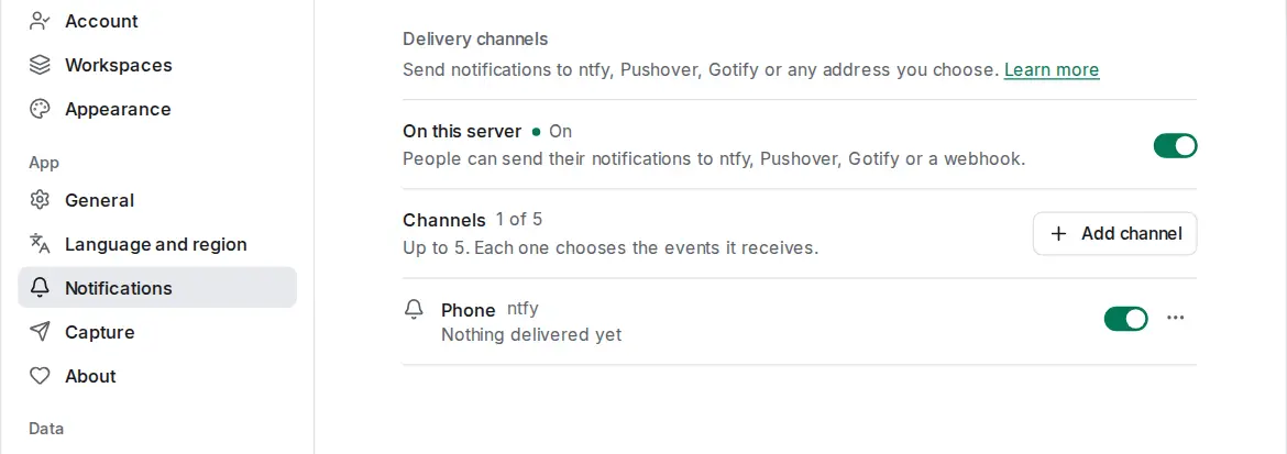 Settings, Notifications, the Delivery channels card with an ntfy channel and the Add channel button.