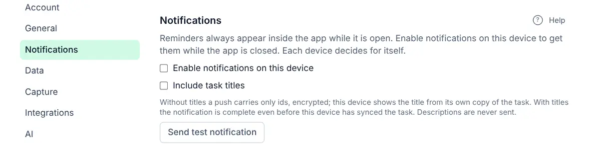 Settings, Notifications section with the options Enable notifications on this device and Include task titles.