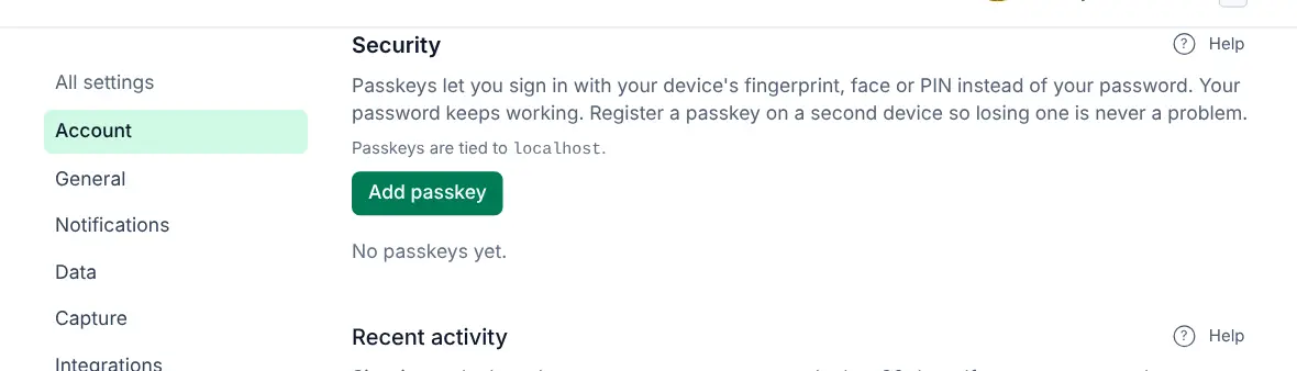 Settings, Security section explaining passkeys, with an Add passkey button.