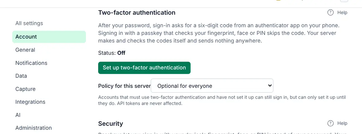 Settings, Two-factor authentication section with the status Off and a Set up two-factor authentication button.