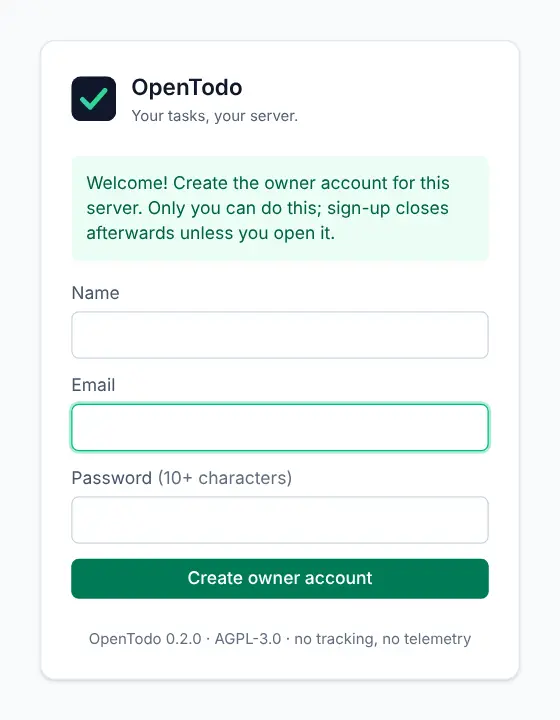 The Create the owner account form with Name, Email and Password fields.