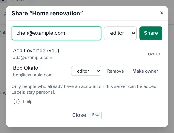 The Share dialog for Home renovation: an email field, a role menu set to editor, and the member list with the owner and one editor.