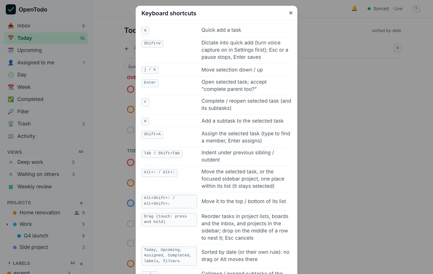 The Keyboard shortcuts dialog open over the Today view.
