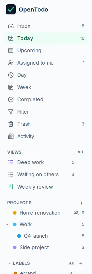 The sidebar with the built-in views at the top, counts next to Inbox, Today, Assigned to me and Trash, then the Views, Projects and Labels groups.