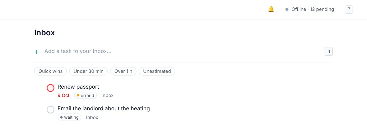 The top of the Inbox with the status Offline · 12 pending next to the bell.