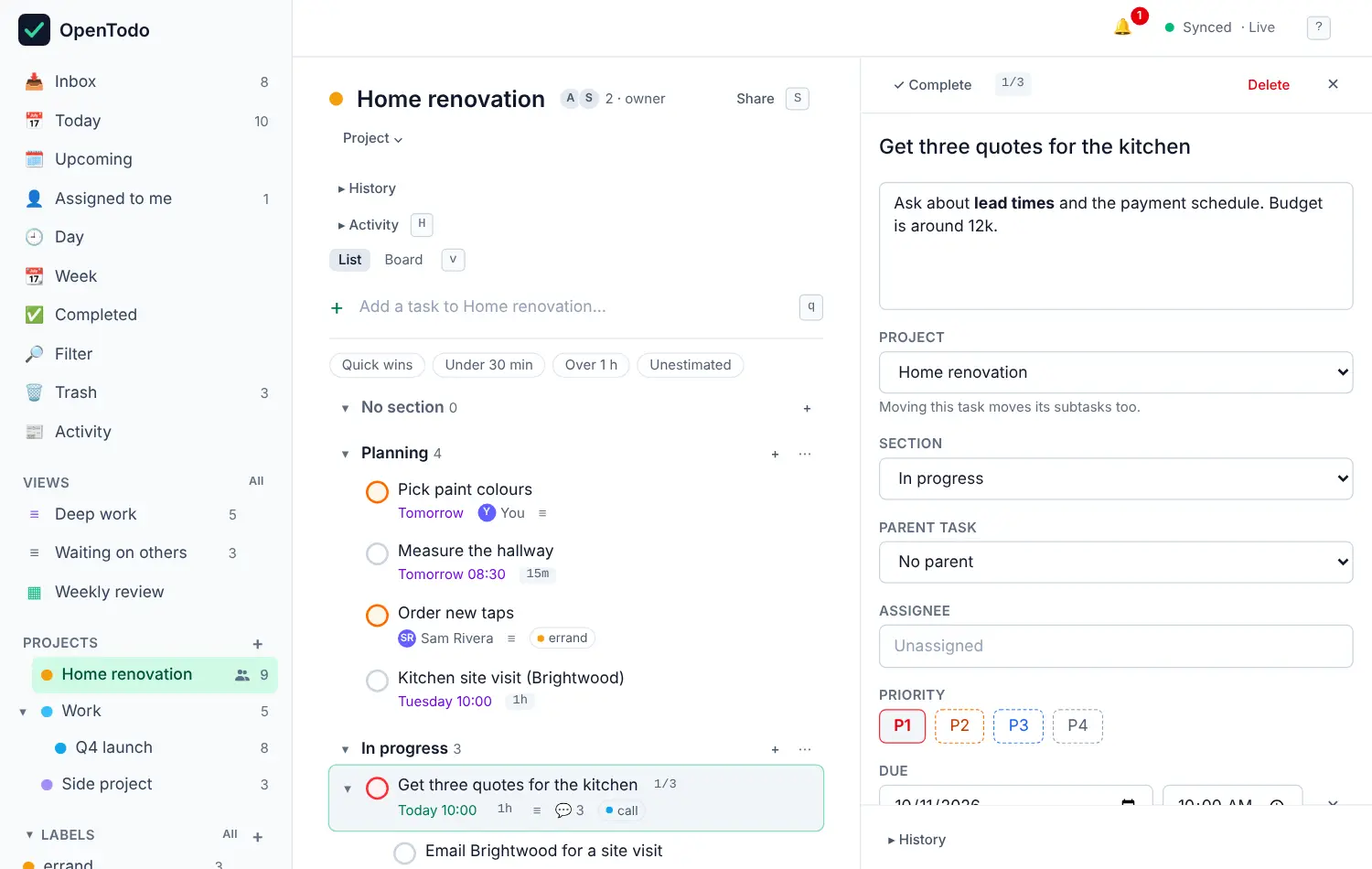 A project list with the task panel open on the right, showing the title, notes, project, section, parent task, assignee, priority and due date.