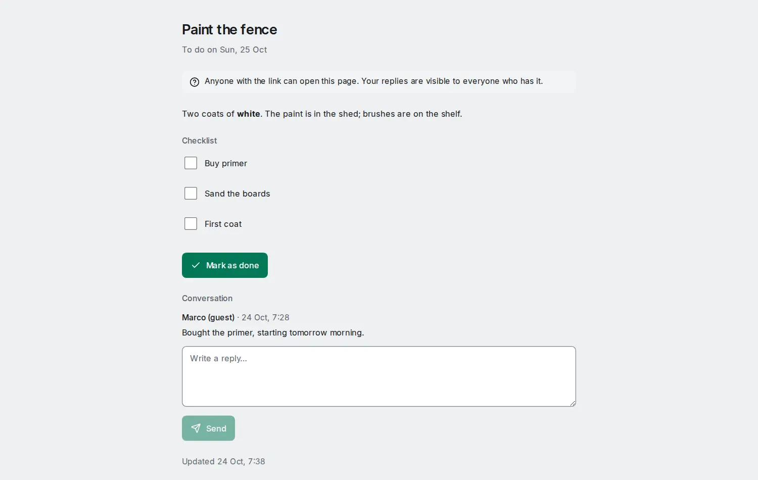 A task page as a guest sees it: the title Paint the fence, its date, a notice that anyone with the link can open it, the description, a checklist of three subtasks, Mark as done, a reply from Marco (guest) and a reply box.
