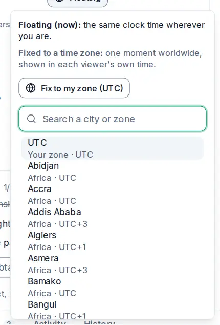 The time zone popover of a due time: the floating and fixed modes explained, Fix to my zone, and a search for another time zone.
