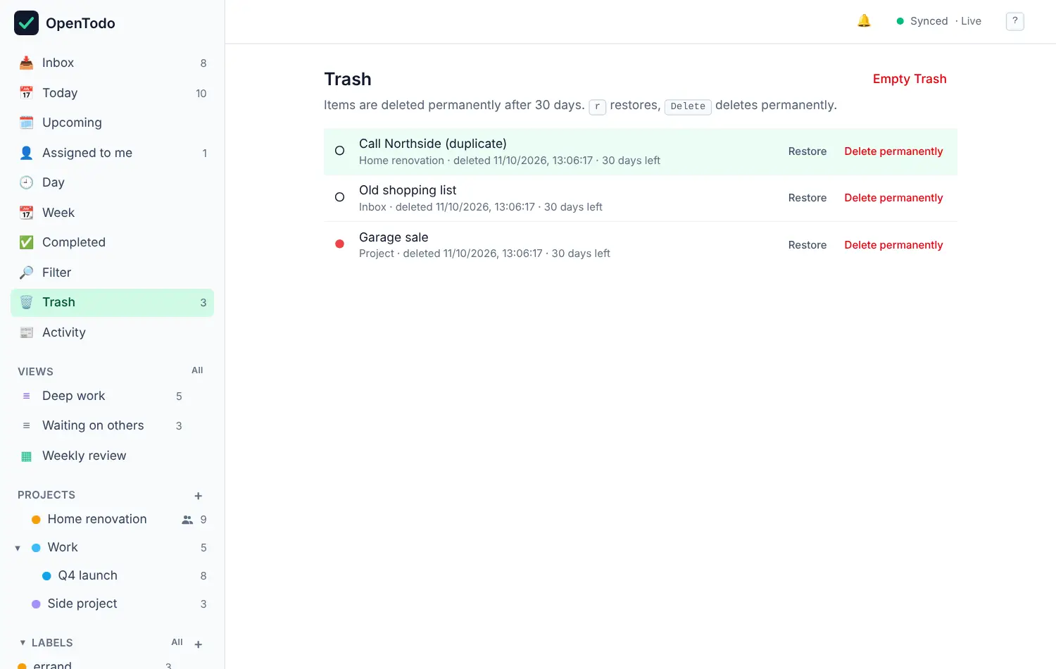 The Trash with a deleted project and two deleted tasks, each with Restore and Delete permanently buttons.