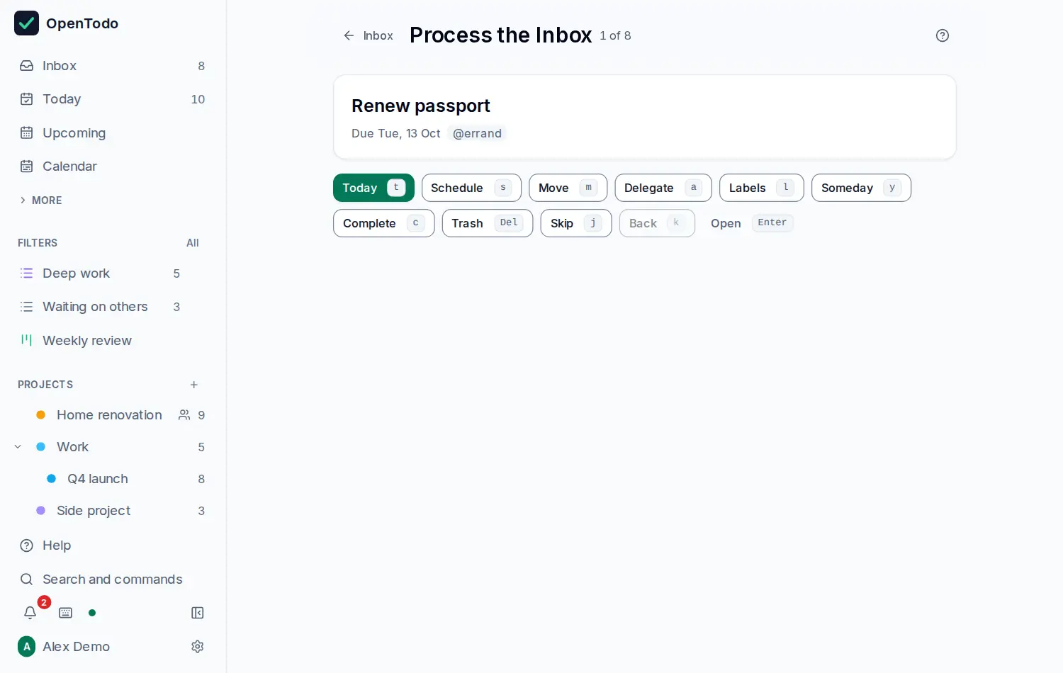 Process the Inbox: one task card, Renew passport, with buttons for Today, Schedule, Move, Delegate, Labels, Someday, Complete, Trash, Skip and Back, each with its key.