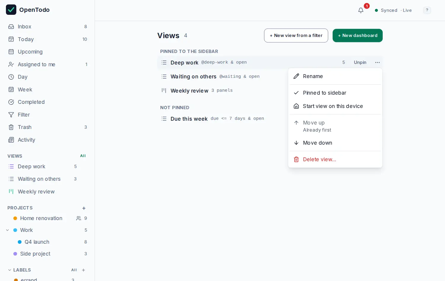 The menu of a saved view: Rename, the Pinned to sidebar and Start view on this device check items, Move up and Move down, and Delete view at the bottom.