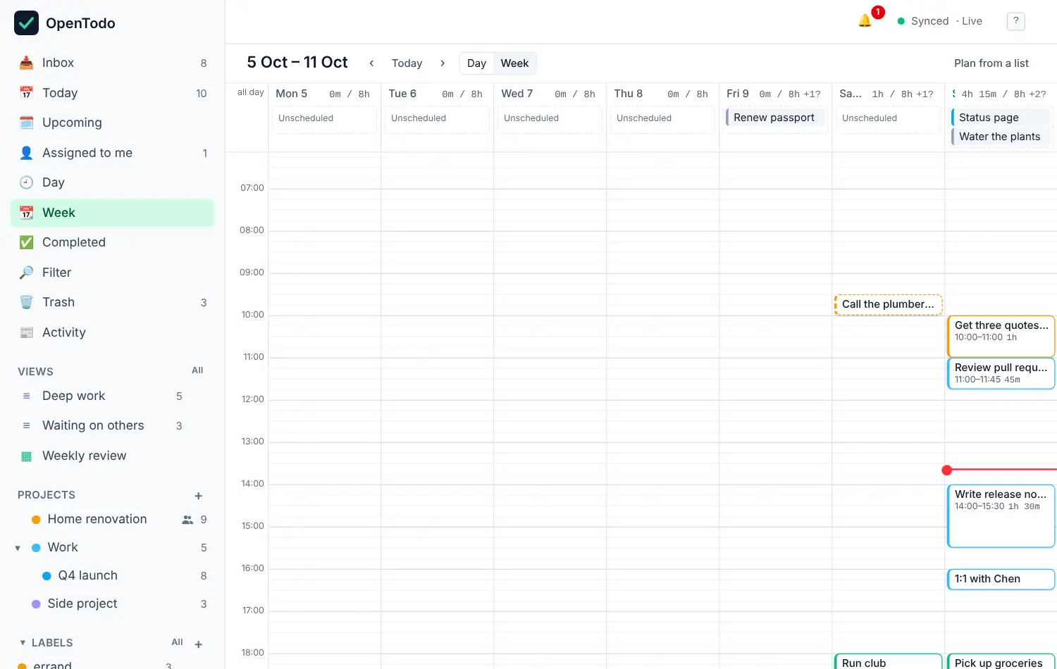 The Week calendar with timed tasks as blocks, an Unscheduled lane under each day, and planned hours against an 8-hour day in each day's header.