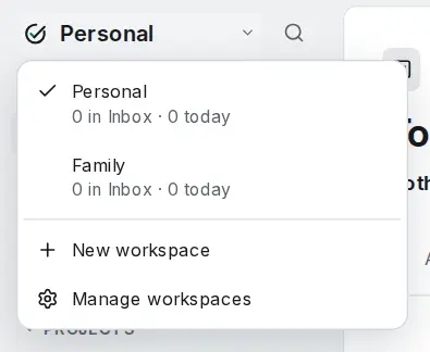 The workspace switcher open at the top of the sidebar: Personal and Family with their Inbox and Today counts, New workspace and Manage workspaces.